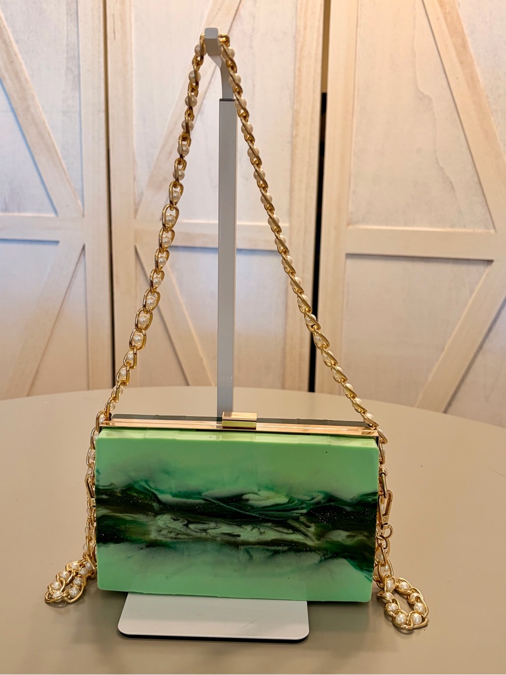 Handmade Green Marble Acrylic Clutch with Gold Pearl Chain Shoulder Strap